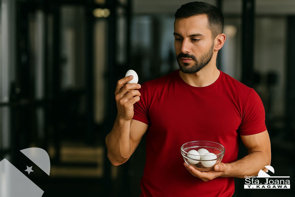 Atleta em uma academia segurando uma travessa com quatro Ovos Santa Joana
